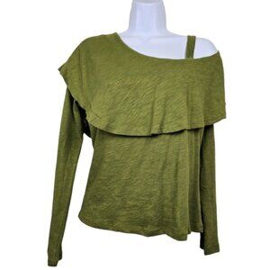 Anthropologie Womens Postmark Olive Green One Shoulder Ruffle Top Size S NWOT